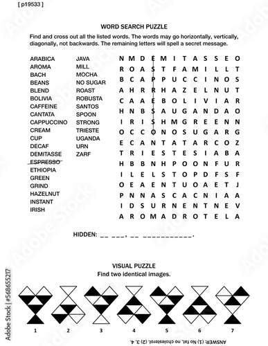 Quadro su tela Puzzle page with two brain games: all about coffee word search puzzle (English language), and visual puzzle