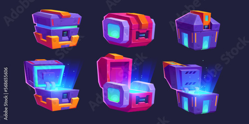 Game futuristic boxes, future technology chests open, closed. Icons of sci-fi equipment, loot boxes with electronic lock and display with neon light, vector cartoon illustration isolated on background photo