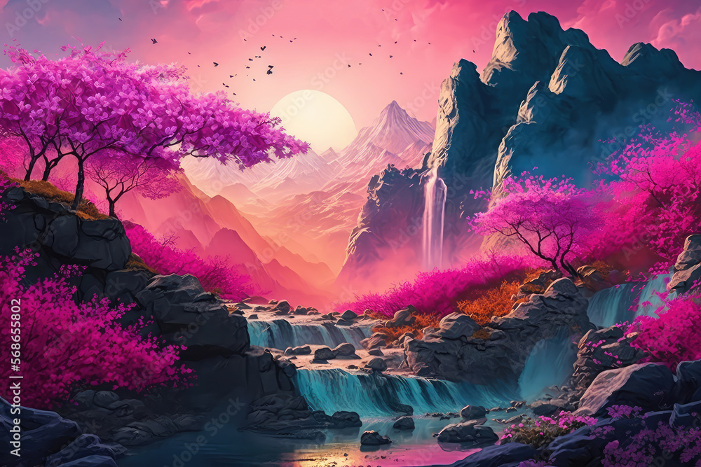 illustration painting of Oriental background, digital art. Illustration of a dawn mountain fantastic landscape with waterfalls and blooming sakura (ai generated)