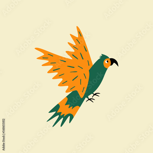 Flying colorful parrot hand drawn vector illustration. isolated cute exotic macaw bird in flat style for kids poster or icon.