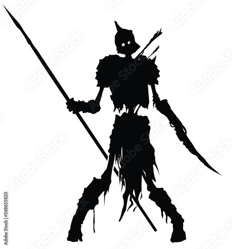 A black silhouette with a terrible skeleton of a warrior peeled to the bones, in his hands a bayonet, a knife and a spear, he stands with his head hanging to one side with bare bones and rags. 2d art