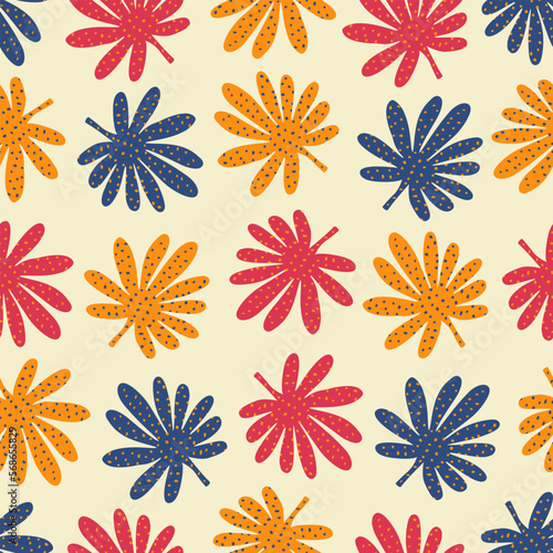 Colorful spotted tropical leaves hand drawn vector illustration. Jungle leaf in flat style floral seamless pattern for kids fabric or wallpaper.