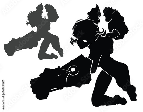 black silhouette of a slender beautiful girl fighter in the style of Sci-Fi, she has huge gloves fists, she is in an epic pose raring to fight, preparing to bear a crushing blow with her hand. 2d art.