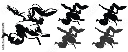 Black silhouette with a nimble girl martial artist she makes an epic kick in the air in a jump, she has long ponytail hair, and wide drop pants, as well as brass knuckles on her handssh. 2d vector art