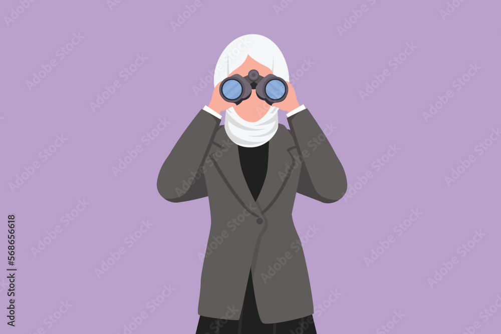 Graphic flat design drawing Arab businesswoman looking through binoculars searching for job. Find all opportunities in the world of suitable jobs. Business metaphor. Cartoon style vector illustration Graphic flat design drawing Arab businesswoman looking through binoculars searching for job. Find all opportunities in the world of suitable jobs. Business metaphor. Cartoon style vector illustration