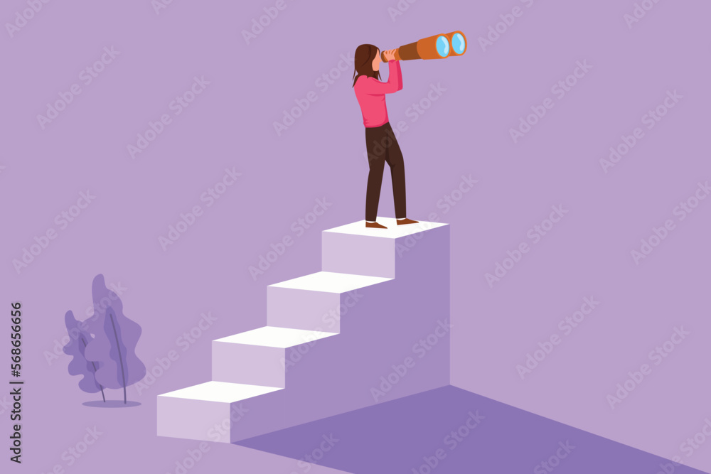 Character flat drawing beautiful businesswoman standing on stairs with binoculars. Vision concept in business. Symbol of leadership, strategy, mission, objectives. Cartoon design vector illustration Character flat drawing beautiful businesswoman standing on stairs with binoculars. Vision concept in business. Symbol of leadership, strategy, mission, objectives. Cartoon design vector illustration