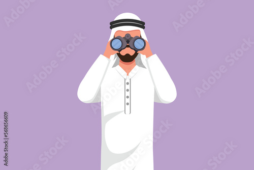 Cartoon flat style drawing Arabian businessman looking through binoculars searching for job. Find all opportunities in the world of suitable jobs. Business metaphor. Graphic design vector illustration