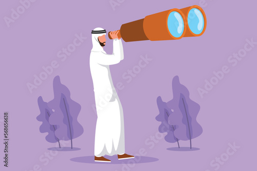 Character flat drawing Arab male tourist looking through huge binoculars far ahead. Young businessman looking for big business opportunity. Find interesting object. Cartoon design vector illustration