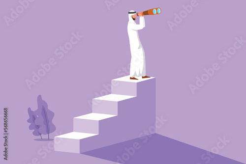 Graphic flat design drawing Arabian businessman standing on stairs with binoculars. Vision concept in business. Symbol of leadership, strategy, mission, objectives. Cartoon style vector illustration