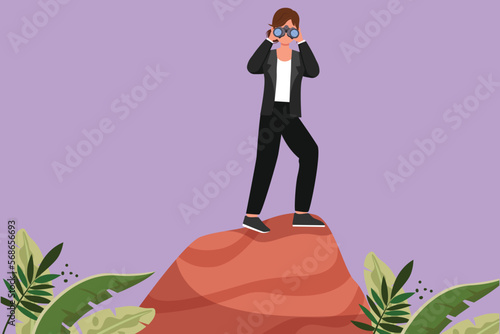 Graphic flat design drawing businesswoman standing on hill while looking landscape with binoculars. Leadership, strategy, mission, objectives icon. Business metaphor. Cartoon style vector illustration