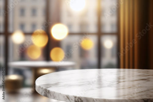 Marble empty round table, rooftop penthouse bar restaurant hotel lounge copy space, blurred city bokeh light background
