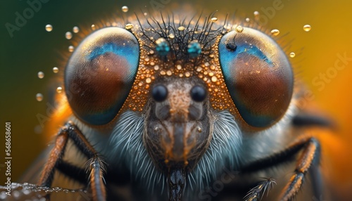 Close up portrait of a dragon fly caught in a morning dew.