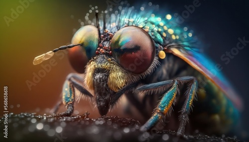 Close up portrait of a fly caught in a morning dew.