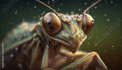 Close up portrait of a mantis caught in a morning dew.