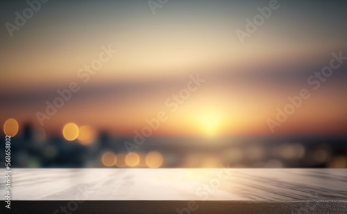Smooth table product display, blurred skyline bokeh light sunset background, rooftop penthouse bar restaurant copy space
