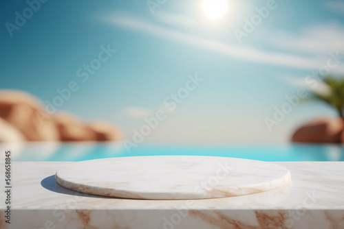 Tropical marble pedestal product display, rocky palm tree sunny sky background, ocean poolside beach showcase, copy space