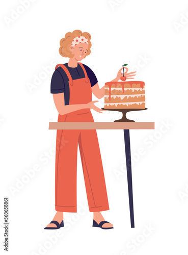 Confectioner, cook, cake, pastries. Girl with a cake. Cherry on the cake. The confectioner prepares a cake. Vector image.