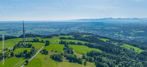 Voralpine Landschaft am Hohen Peißenberg - im Vordergrund der Sendemast eines Rundfunksenders photo