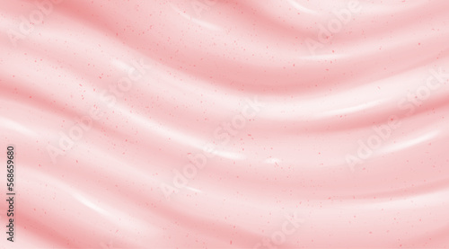 Realistic pink scrub or yoghurt background. Abstract glossy surface of cosmetic face cream or gel texture with abrasive particles, strawberry dessert, pastel color paint pattern. Vector illustration