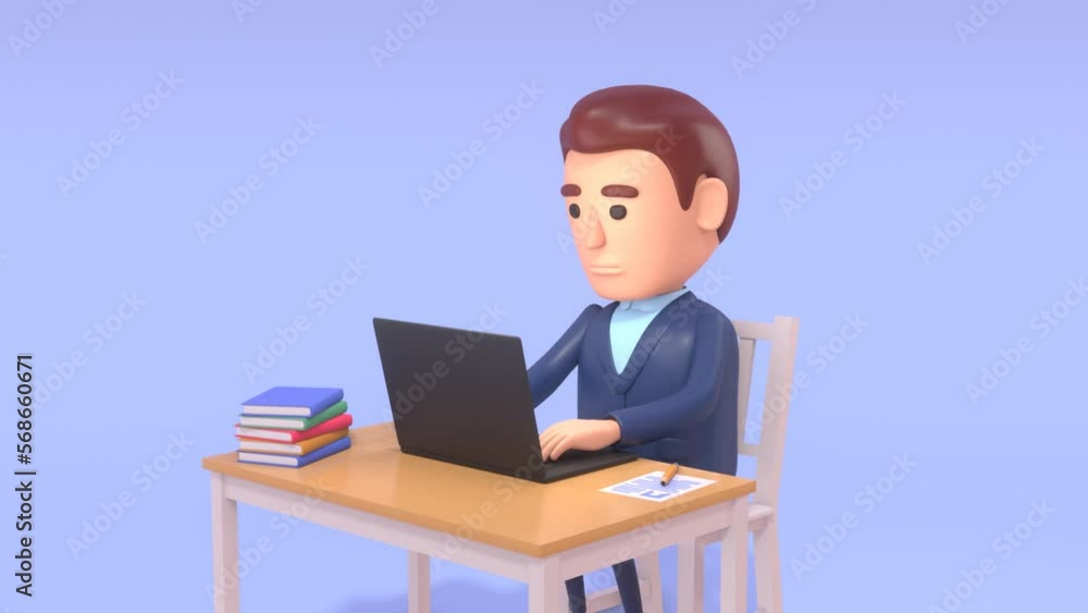 3d animation of businessman sitting with laptop and typing, work from home or office 3d animation of businessman sitting with laptop and typing, work from home or office