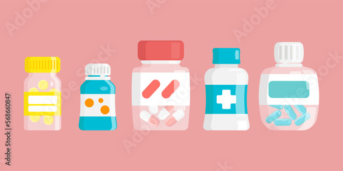 Set of Medicine Bottles with labels and Pills. Prescription drugs, tablets and capsules. Isolated vector illustration.