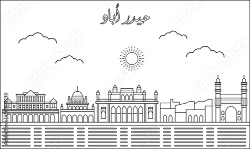 Hyberabad skyline with line art style vector illustration. Modern city design vector. Arabic translate : Hyberabad
