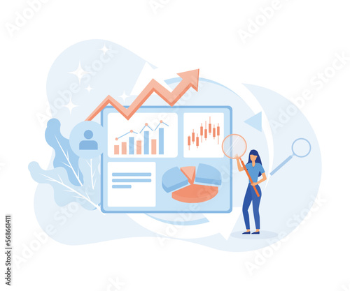 Characters discussing marketing and seo strategy. People analyzing market trends and planning seo optimization. Seo targeting and performance concept. flat vector illustration