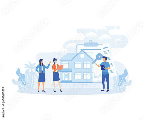 Mortgage process illustration. Characters buying property with mortgage, receiving bank approval, signing contact and legal documents. flat vector illustration