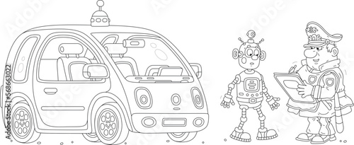 Funny traffic cop making a fine to an inattentive robot driver on a self driving car during patrolling on a road, black and white outline vector cartoon illustration for a coloring book