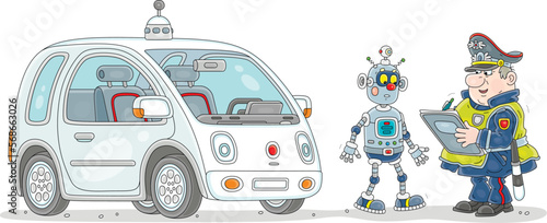 Funny traffic cop making a fine to an inattentive robot driver on a self driving car during patrolling on a road, vector cartoon illustration isolated on a white background
