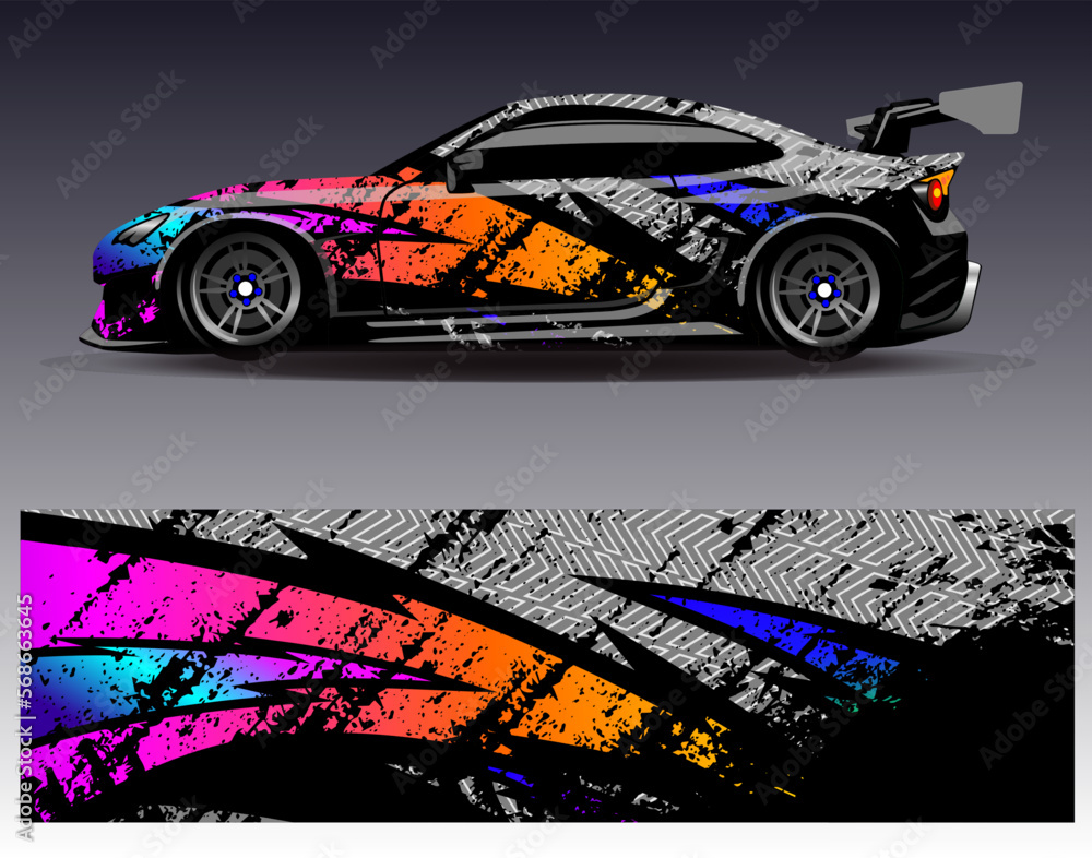 Car wrap design vector. Graphic abstract stripe racing background kit designs for wrap vehicle race car rally adventure and livery Car wrap design vector. Graphic abstract stripe racing background kit designs for wrap vehicle race car rally adventure and livery