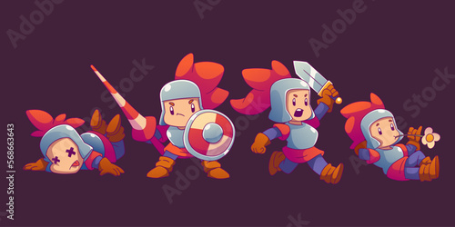 Cute cartoon knight with helmet, medieval warrior isolated on background. Fantasy small cavalier character in armor suit with sword, shield and peak, vector illustration in contemporary style