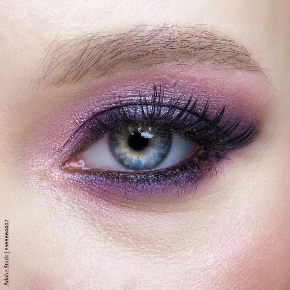 Closeup macro shot of human female eye. Woman with lilac beauty eyes makeup. Closeup macro shot of human female eye. Woman with lilac beauty eyes makeup.