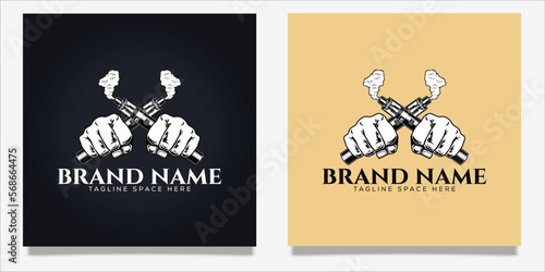 Vape, Vaporizer Logo design. Hand hold vape pen with e-cigarette device
