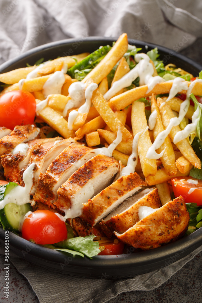Pittsburgh Chicken Salad slices of juicy chicken breast and a pile of hot, crispy fries on top of a cool, crunchy salad closeup on the bowl on the table. Vertical Pittsburgh Chicken Salad slices of juicy chicken breast and a pile of hot, crispy fries on top of a cool, crunchy salad closeup on the bowl on the table. Vertical