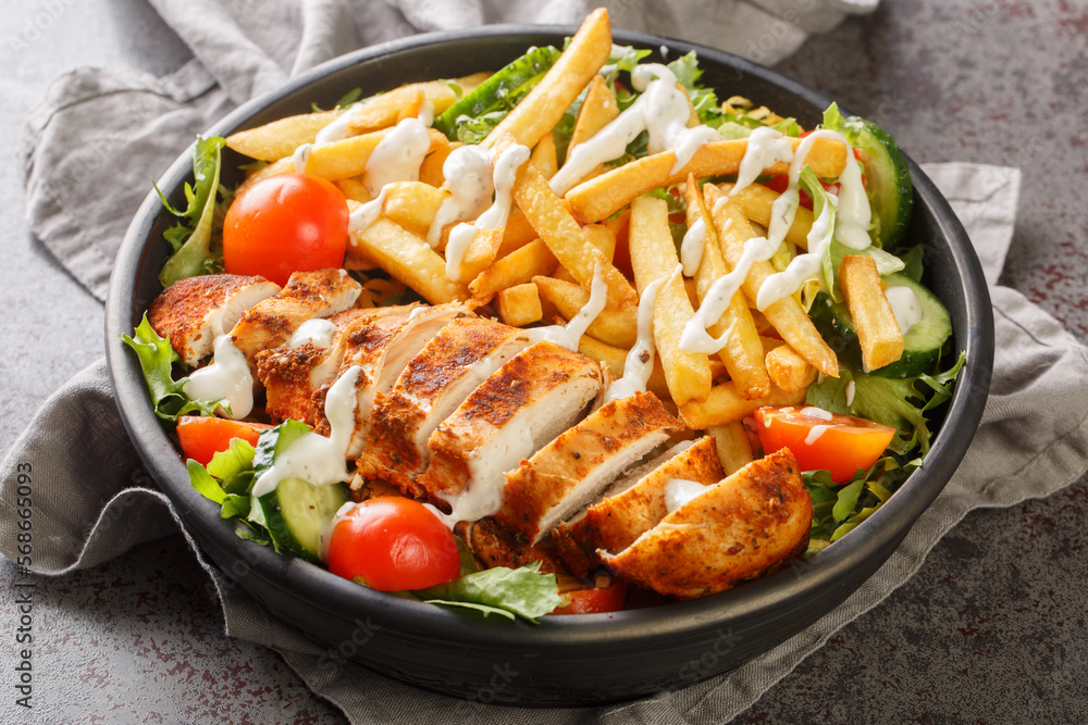 Pittsburgh steak salad consists of a bed of lettuce that's topped with tomatoes, cucumbers, a piece of grilled chicken, and crispy french fries closeup on the bowl on the table. Horizontal Pittsburgh steak salad consists of a bed of lettuce that's topped with tomatoes, cucumbers, a piece of grilled chicken, and crispy french fries closeup on the bowl on the table. Horizontal