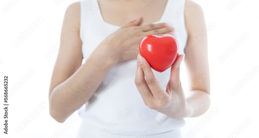 Red heart on woman hands. Symbol of support that expresses love valentine day and world heart day, heart health concept Red heart on woman hands. Symbol of support that expresses love valentine day and world heart day, heart health concept