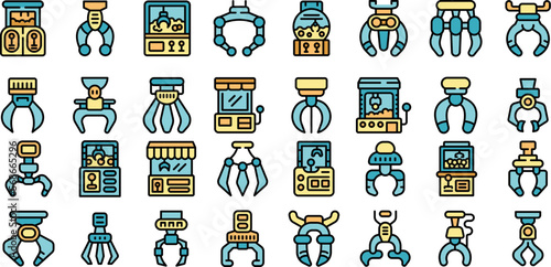 Grabber icons set outline vector. Claw crane. Game reacher color line on white isolated