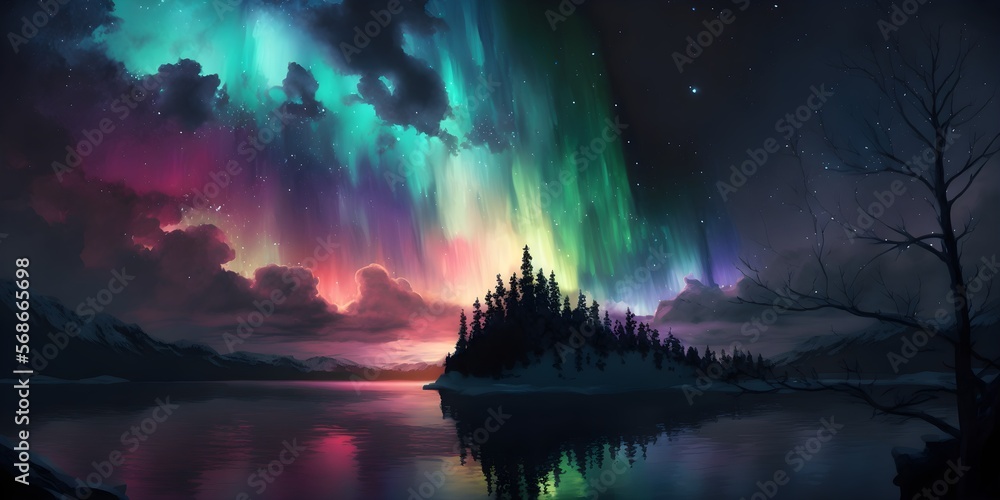 Aurora borealis, Northen polar lights, colorful sky, Winter dark snowy mountain landscape. AI generative