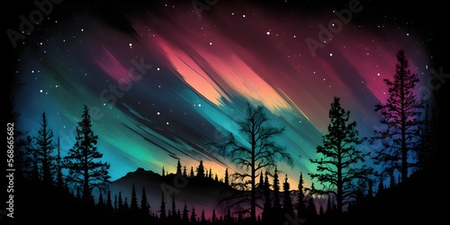 Aurora borealis, Northen polar lights, colorful sky, Winter dark snowy mountain landscape. AI generative © Kullar