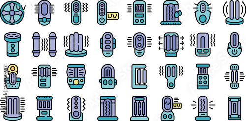 Ultraviolet portable sterilizer icons set outline vector. Bacterium bulb. Lamp uv color line on white isolated