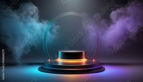 Empty dark display product podium with smoke float up and neon round background, with product placement area. Generated with AI. Suitable to use for display your brand or product promotion