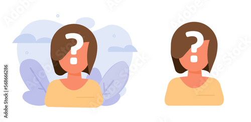 Woman mind question mark flat icon vector design, unknown faceless anonymous girl person, problem doubt female user icon graphic illustration, guess who and why thinking lady image clipart photo