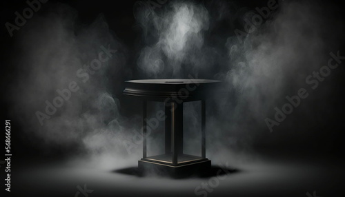 Empty dark display product podium with smoke float up and dark round background, with product placement area. Generated with AI. Suitable to use for display your brand or product promotion