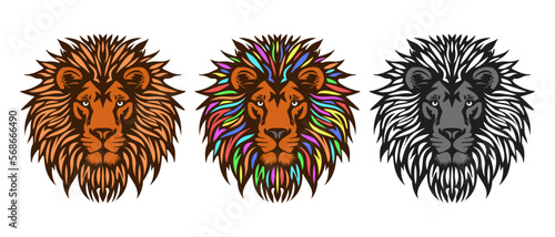 Vector head of a lion with a colored mane on a white isolated background. The king of animals or jungles. Black and white icon, logo or sticker.