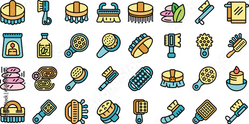 Body massage brush icons set outline vector. Spa bath. Wood brush color line on white isolated
