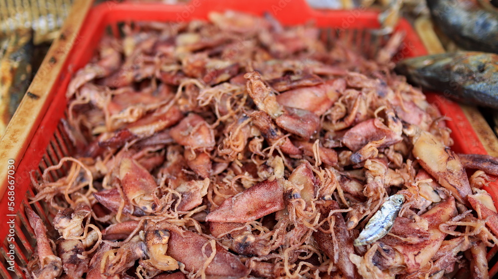 Various salted fish sell in a traditional market