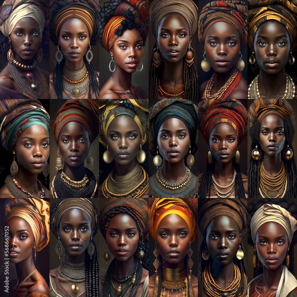 Collage mit wundschönen Top Schönheiten Models aus Afrika, ai generativ
