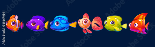 Set of cute vector cartoon fish for aquarium game. Isolated happy underwater characters. Smiling fun baby marine clipart with face and mouth. Collection of exotic clownfish and cheerful creatures.