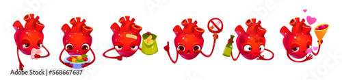 Cute heart organ cartoon character isolated set. Healthy and disease cardiological illustration. Alcohol, fast food or no smoking, good nutrition and love emotion, concept vector icons